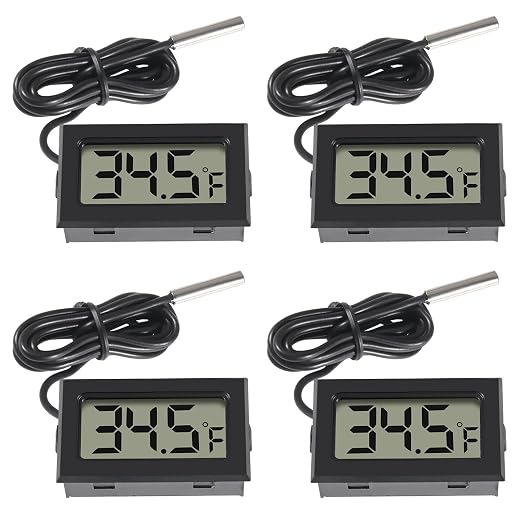 4pcs Digital LCD Thermometer, Fahrenheit Temperature Digital LCD Fridge Thermometer 1M Cable with Probe for Fridge Freezer Refrigerator Aquarium (Black, Fahrenheit)
