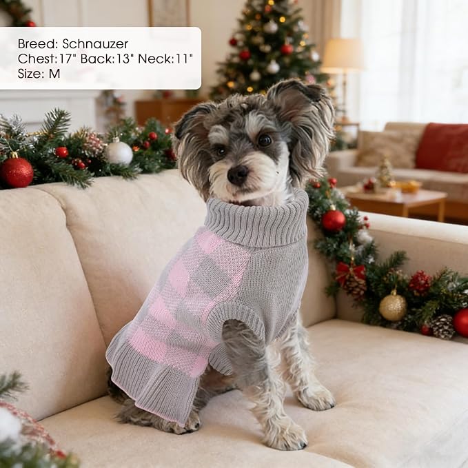 Dog Sweater Dress Plaid Knitwear for Small Medium Dogs Warm Puppy Pet Turtleneck Stretch Pullover Cute Fall Winter Vest Clothes with Leash Hole for Christmas (Grey, L)