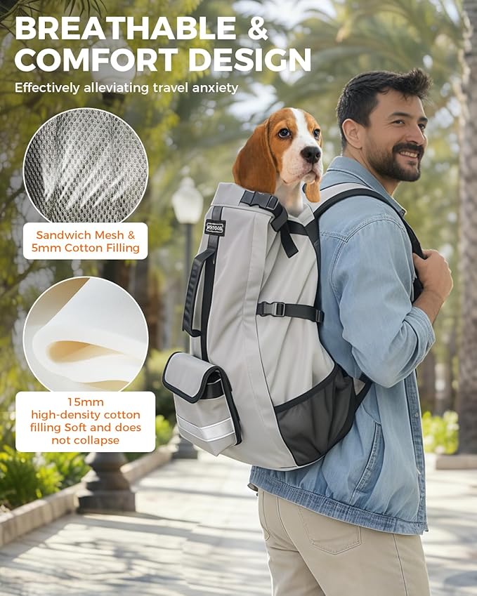 Dog Backpack Carrier for Medium Dogs - 4-Layer Protection, Under 30 lb, Waterproof, Adjustable Dog Hiking Backpack with Storage Pockets, Reflective Strips, Non-Slip Handle for Travel - Grey