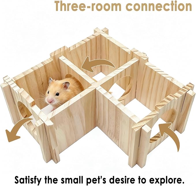 Wooden Hamster Hideout,Dwarf Hamster Hide House with Platform & Bowl & Ladder,Small Hamsters Maze Hut Hides Habitats Decor Cage Accessories for Gerbils,Mice,Mouse