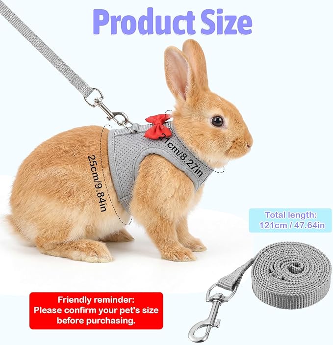 Bunny Leash and Harness Set, Breathable Rabbit Harness Vest, Adjustable Straps Design, Soft Mesh Harnesses for Puppies, Kitten, Guinea Pigs, Grey S