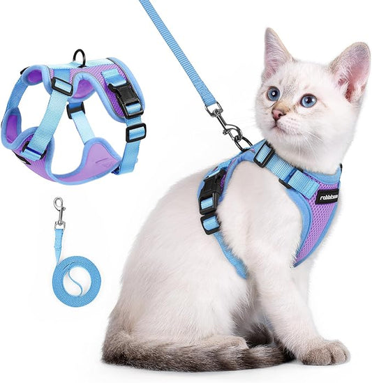 rabbitgoo Cat Harness and Leash Set, Escape Proof Soft Adjustable Vest Harnesses for Outdoor Walking, Easy Control Breathable Kitten Jacket with Reflective Strips, Purple & Blue, XXS