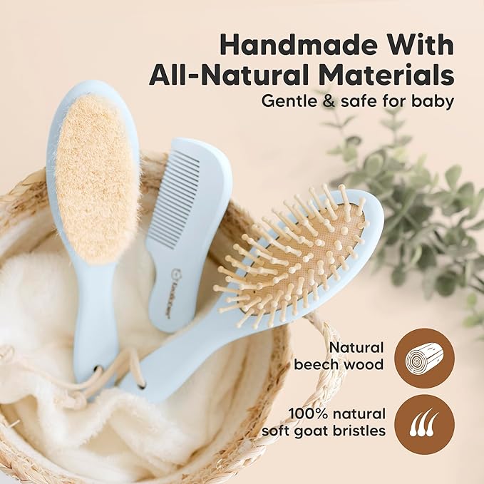 Baby Hair Brush Set for Newborns - Soft Goat Bristle Wooden Baby Brush and Comb Set Newborn Grooming Kit for Cradle Cap, Durable & Gentle, Boy, Girl Infant Essentials Care Kit (Regular, Frost)