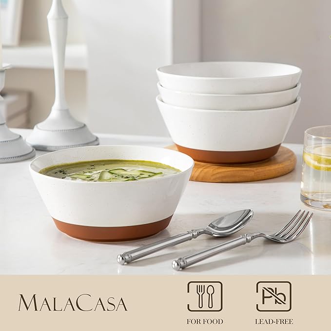 MALACASA Soup Bowls, Ceramic Salad Bowls Set of 4, 36oz Ceramic Bowls for Ramen, Cereal, Fruit and Pho, Microwave & Dishwasher Safe, Speckled Deep Bowls, Vanilla White & Brown