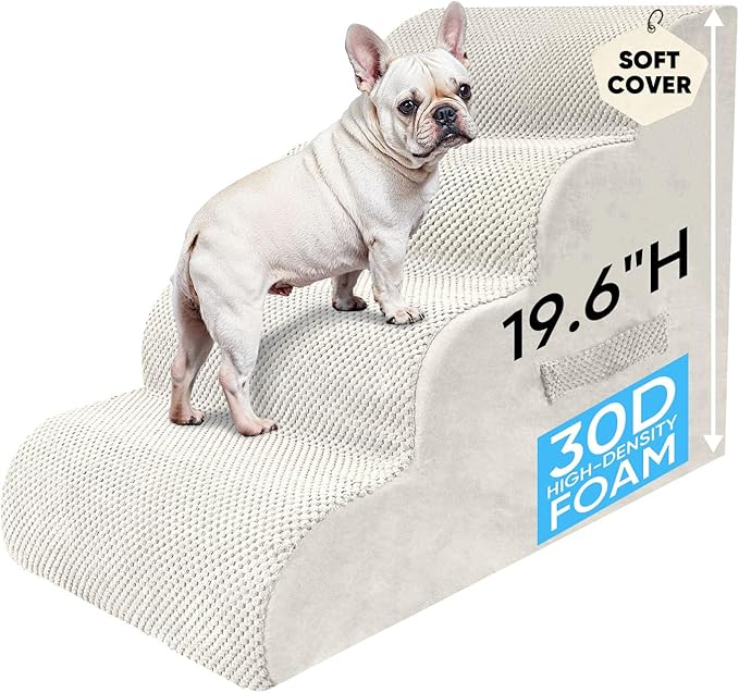 PAWSCRAT Pet Stairs for Dogs 4-Step, 19.6" H Pet Stairs for High Bed, Couch Sofa & Chair, 30D Material Soft Foam Dog Steps with Non-Slip Bottom Surface Removable Washable Cover, Beige