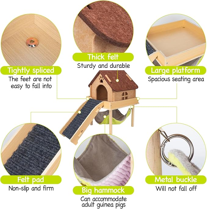BESNEW 3 in 1 Enlarged Guinea Pig Hammock,Wooden Guinea Pig Hideout with House & Platform & Stairs Small Animal Toys for Hiding Sleeping Activities