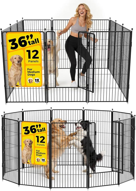 Dog Playpen 36 inch 12 Panels for Indoor & Outdoor Use – Heavy-Duty Metal Pet Fence with Ground Stakes, Rounded Ball Tops for Safety, Stable & Foldable Design, Easy to Assemble