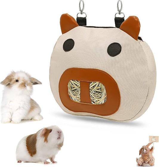 Rabbit Hay Feeder Bag, Hay Feeder for Guinea Pig Timothy Hay Feeder Dispenser Storage with 2 Hanging Hooks for Bunny Small Animal Cage Mess Free (Brown)