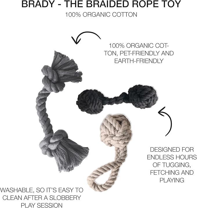 Pet Passion Brady The Rope Tug Toy 3-Pack Organic Cotton Dog Rope Pull Toys for All Pet Breeds, Black Ombre, One Size