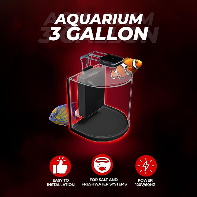 Aquatop Pisces Curved Bowfront Aquarium, 3 Gal - 53GPH – Nano Semi-Circle Glass Aquarium Kit – Touch LED Light – Built-in Filter for Fresh & Saltwater