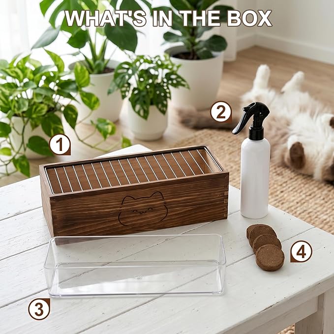 Wooden Cat Grass Planter (no Seeds Included),Cat Grass Kit for Indoor Cats with Anti-Digging Grid, Potting Soil Disks,Watering Bottle and Removable Plastic Liner,Wheat Grass Growing Pot