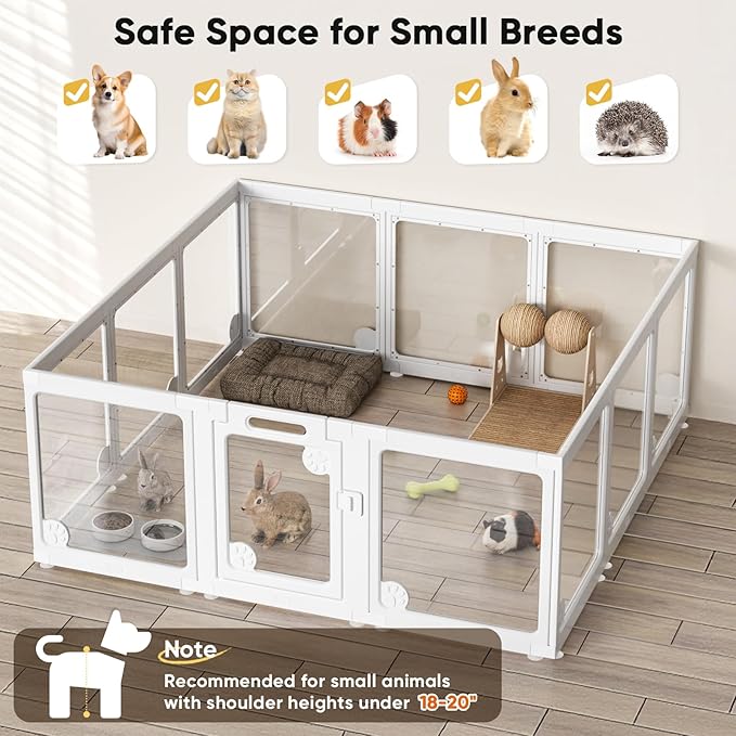 Clear Acrylic Dog Play Pen Indoors 24", 12 Panels Transparent Puppy Playpen with Door for Small Dogs Puppies, Modular Plastic Pet Playpen Cage Fence Crate for Cat Kitten Rabbit, White