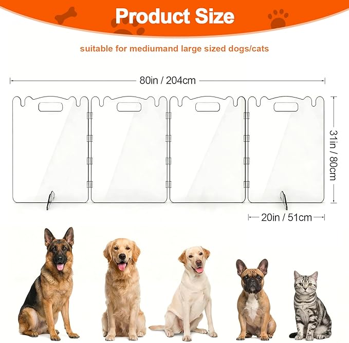 Acrylic Dog Gate, 31in Tall Freestanding Clear Pet Gate for Doorways, Transparent Clear Dog Gate Indoor for Large Openings & Stairs, Foldable Pet Gate for Dogs (4 Panel - 80'' W x 31'' H)