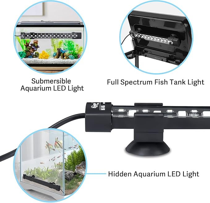 hygger 24/7 Mode Submersible Aquarium LED Light, Full Spectrum Hidden Fish Tank Light with 3 Rows Beads 7 Colors Auto On Off Sunrise-Daylight-Moonlight, Adjustable Timer Brightness