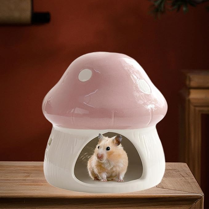 Gralara Ceramic Hamster House Habitat Mushroom Shaped Outdoor Guinea Pig Hideout Hamster Hide Bed for Small Pets Dwarf Rats, Pink