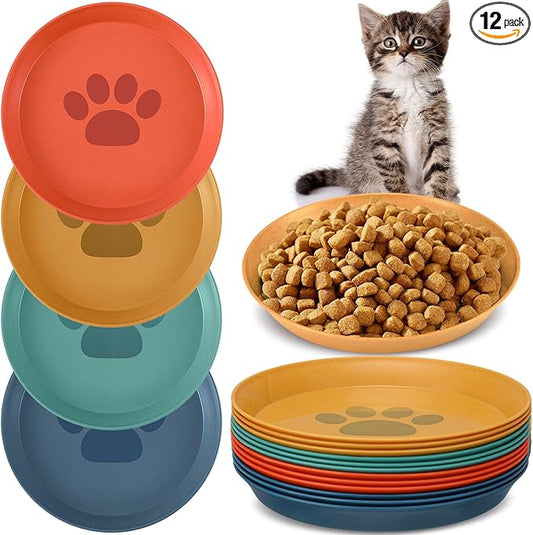 Gerrii 12 Pieces Beard Fatigue Relief Cat Bowl 6 Inch Round Shallow Cat Food Dish Wet Feeding Bowls Wide and Small Pet Dish for Kittens and Short Legged Kitten, Wheat Straw(Vintage Colors,Paw)