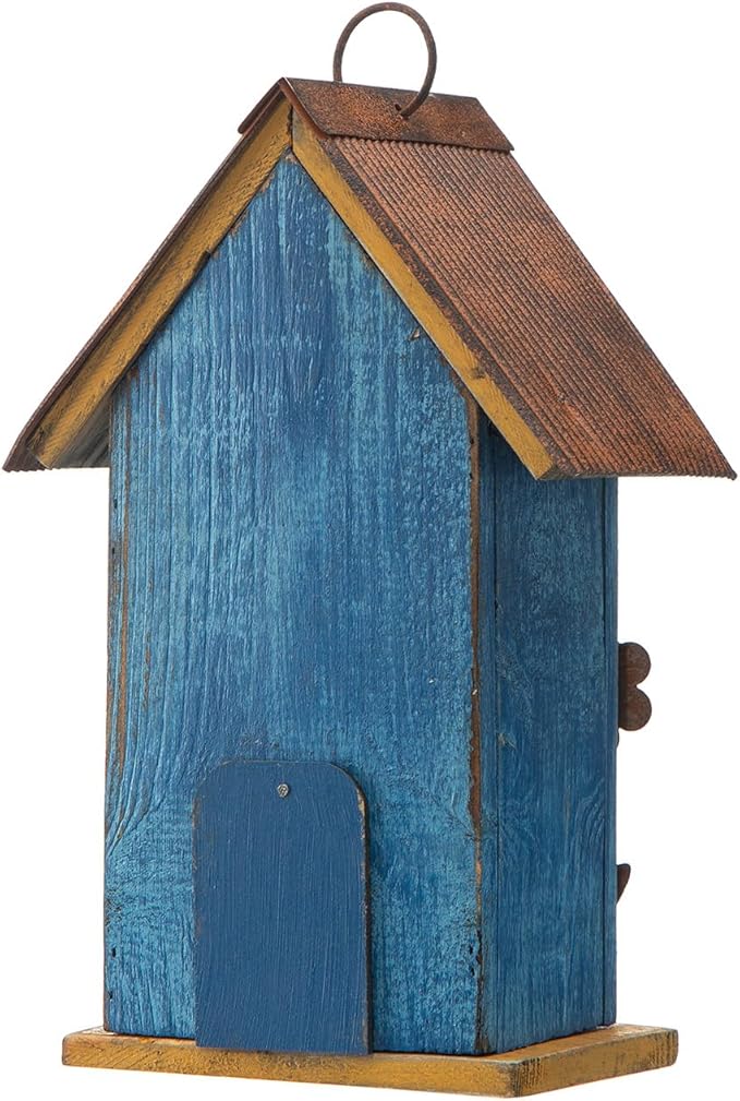 Glitzhome Hanging Bird House for Outdoor, 10.2" H Decorative Birdhouse Pet Cottage Distressed Wooden Bluebird House with 3D Flowers for Outdoor Patio Garden, Washed Blue