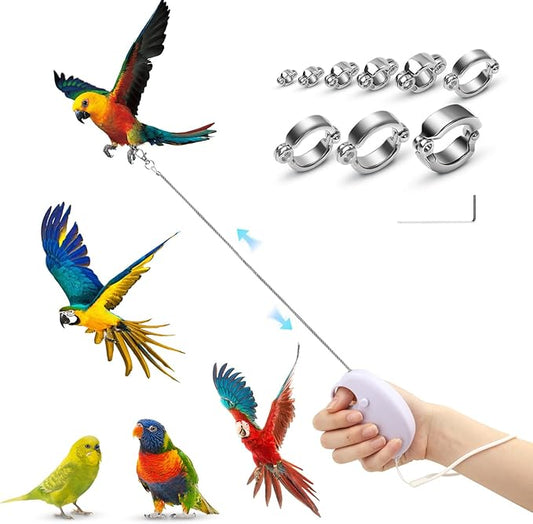 19.7FT Auto Retractable Bird Leash, Anti-Bite Wire Bird Harness, Adjustable Parrot Leash with 9 Sizes Alloy Foot Rings, Conure Cockatiel Parakeet Flying Training Rope
