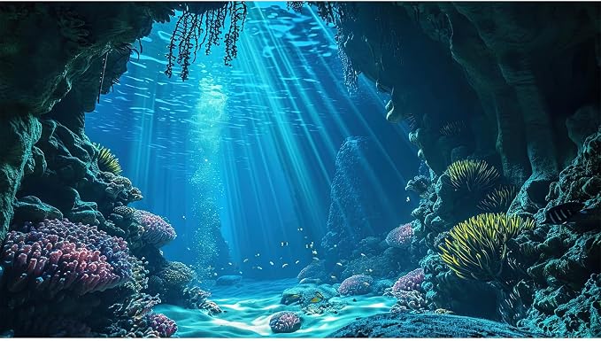 Under The Sea Aquarium Background Underwater Grotto with Soft Corals Reefs Fish Tank Background Blue Ocean Tropical Cave Sunlight Rays Deep Sea Fish Tank Backgrounds Aquarium Wallpaper 48x24in