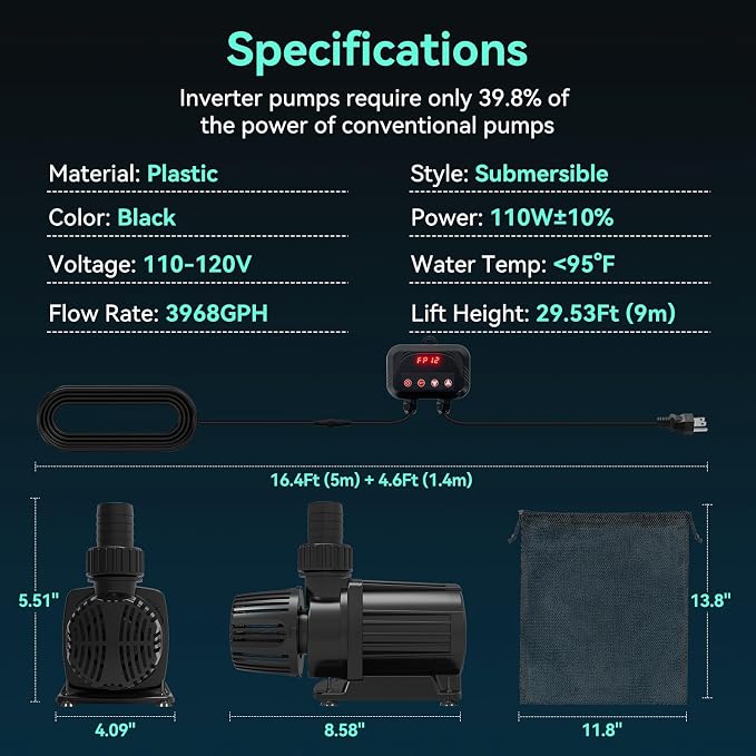 3968 GPH Submersible Water Pump, 110W Pond Pump with Control Panel | 29.6FT. Lift Height for Koi Pond Pool, Waterfall, Fish Tank, Hydroponic, Ultra Quiet, Barrier Bag & 16.5FT Power Cord
