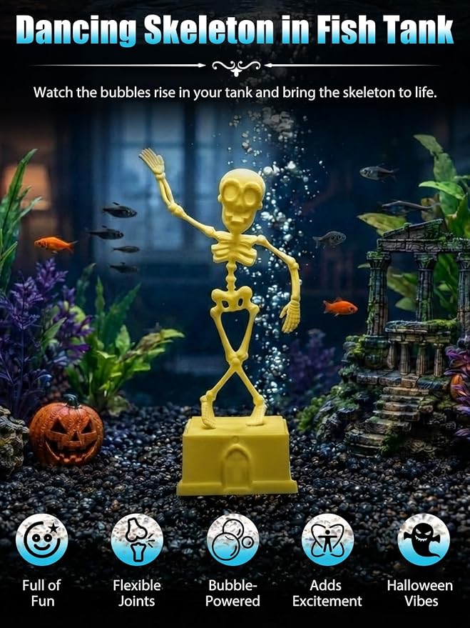 Dancing Skeleton Aquarium Bubbler, Halloween Fish Tank Decor(Yellow) | Adjustable airflow with 1m hose & valve. Safe resin, for freshwater/saltwater tanks. Air pump not included.