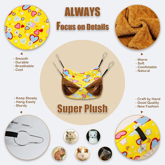 petonfun Ferret Rat Hammock Guinea Pig Hideout Toys Large Soft Small Animal Bed Sugar Glider Chinchilla Squirrel Hammock Set for Cage Accessories Pet House Hamster Hang Tunnel and Tube,2 Pack,Yellow