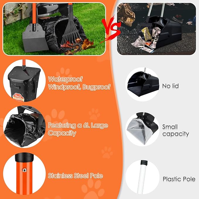SlowTon Dog Pooper Scooper - 37.4" Long Metal Handle Adjustable Rake & Spade & Swivel Bin with 20 Waste Bags, Portable Pooper Scooper for Gravel Lawn Grass, Suit for Small Medium Large Dog