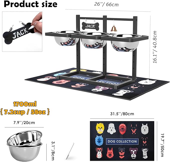 SHAINFUN Elevated Dog Bowls Stand for Medium/Large Dogs with Mat, 6 Height Adjustable Raised Dog Bowl, Three 58oz Food Water Bowls