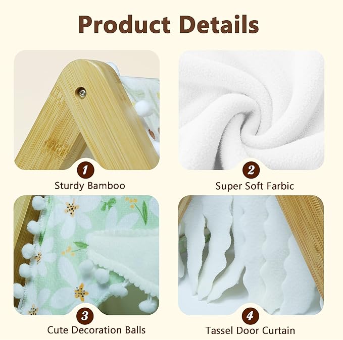 Guinea Pig Hideout, Sturdy Bamboo Small Animal House with Window, Rabbit Bunny Tunnel, Easy to Assemble for Hamsters Bunny Rat Chinchillas Playing Hiding, Guinea Pig Cage Accessories, Mushroom