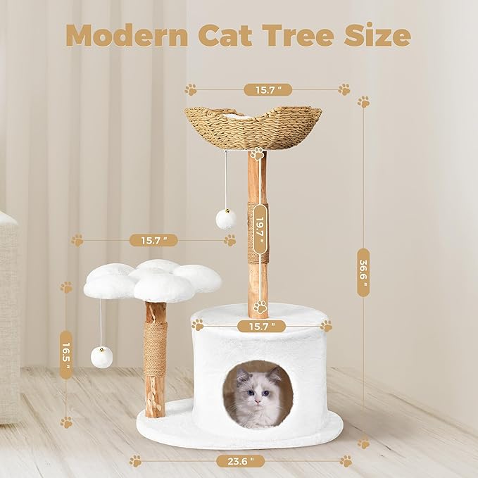 Easyego Modern Cat Tree, 36.6" Aesthetic Wood Cat Tree Tower for Large Cats, Luxury Cat Condo with Scratching Posts and Flower Platforms, Cat Furniture, White