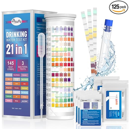 Pawfly 21 in 1 Drinking Water Test Kit, 125 Strips for Tap Water Well Swimming Pool Aquarium Spa, Home Water Quality Test Strips for pH Hardness Chlorine Lead Iron Copper Nitrate Fluoride & More