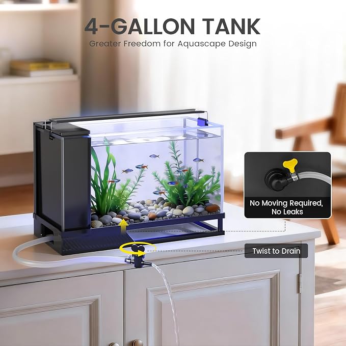 Fish Tank Kit Starter Aquariums 4 Gallon with Bottom Drainage | For small tropical fish, guppies, or betta|with Light and Filter Pump|Multi-stage filtration