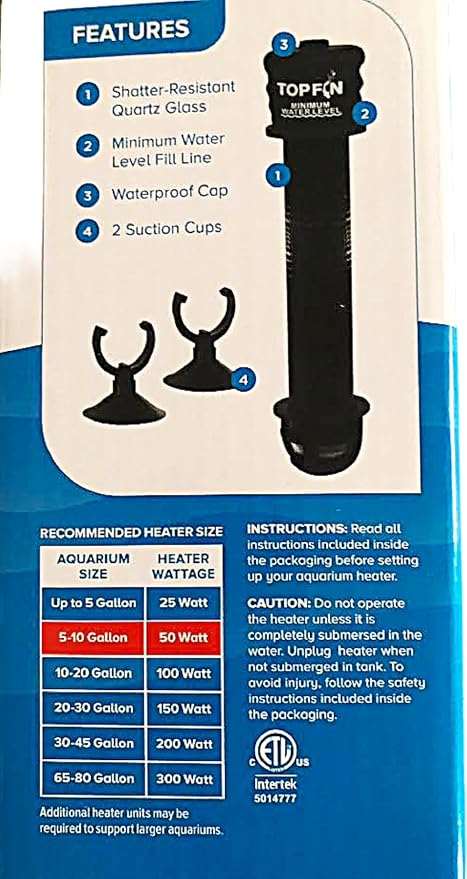 Top Fin Compact Subersible Aquarium Heater On & Off Loght Indicator with Auto Shut-Off. (5-10 Gallon Aquarium)