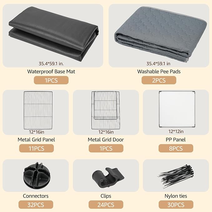 Tinnmao 20 Panels Small Animal Playpen with Roof, Waterproof Base Mat + 2PCS Washable Pee Pads, Indoor Denser & Thicker C&C Grid Cage for Guinea Pigs Rabbit Puppy Kitty Accessories (Black Metal Frame)