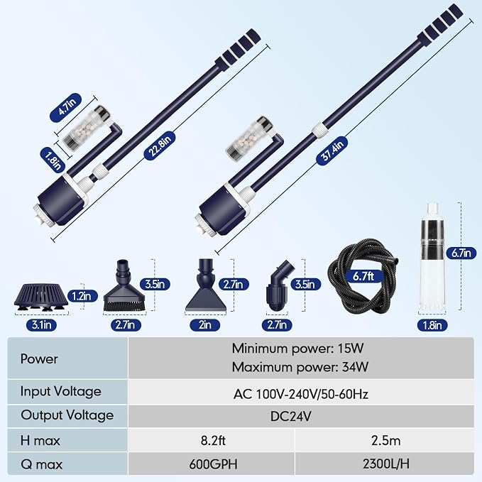 AQQA Fish Tank Cleaner,DC34W/600GPH Adjustable Flow Aquarium Gravel Vacuum | Multi-Filtration Purifies Water Electric Cleaning Kit for Water Change Water Circulation Wash Sand Gravel 110V-240V