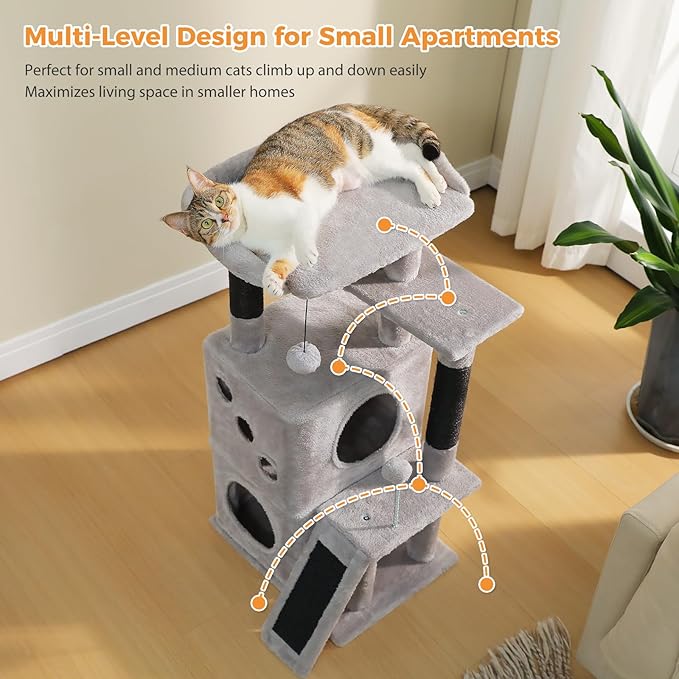 PETEPELA Cat Tree for Indoor Cats, 34.6" Small Cat Tower with Scratching Posts, 2 Condos, Scratching Ramp & Dangling Toys, Cat Play House for Multi-Cat Households, Black
