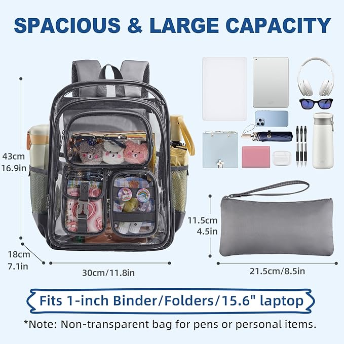 Grey Clear Backpack Heavy Duty, Large Clear Bookbag for Boys Girls Adult, See Through Book Bag Transparent Backpacks with Multiple Pockets for School College Work Casual
