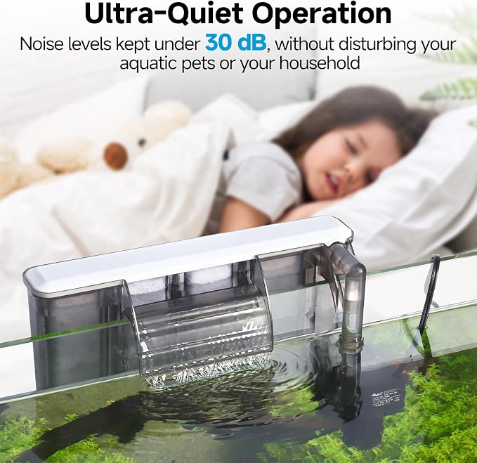 AQQA Quiet Hang on Back Aquarium Filter for 30-50 Gallon,Adjustable Flow | Auto Start Fish Tank Filters, Powerful Filtration HOB Filter, Easy Install for Freshwater Aquariums,8W 200GPH