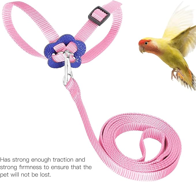 Bird Harness and Leash, 120cm Pet Parrots Adjustable Nylon Anti‑Bite Training Rope for Outdoor Flying Parrot Harness Leash Training Supplies for Parrots Alexandrine, Scarlet, Keck, Mini Macaw(Pink)