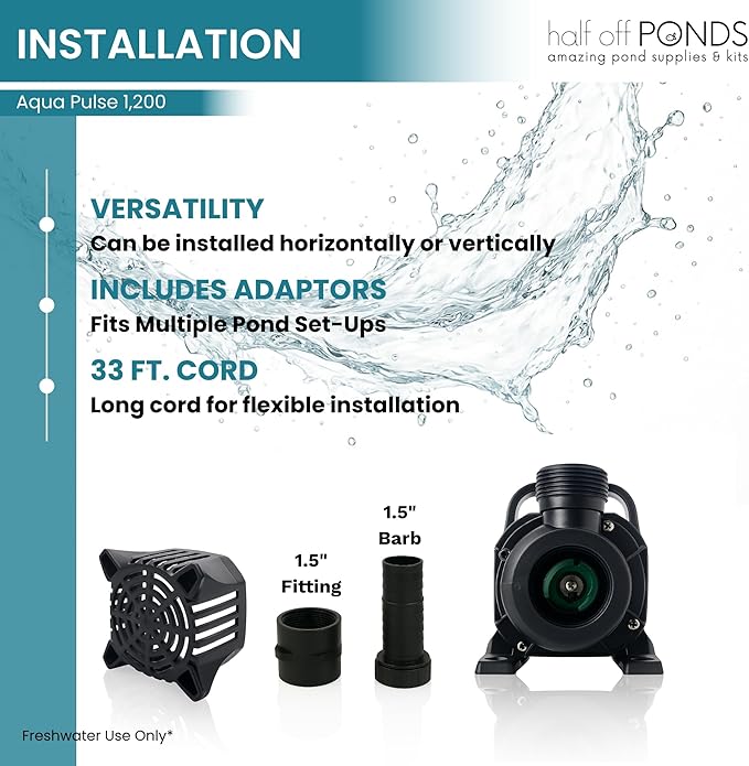 HALF OFF PONDS Submersible Water Pump, 1,200 GPH Pond Pump with 33FT Power Cord and 17FT Max Head, 144W Ultra Quiet Energy Efficient Pump for Koi Pond, Fountain, Waterfall, Water Garden, Skimmer