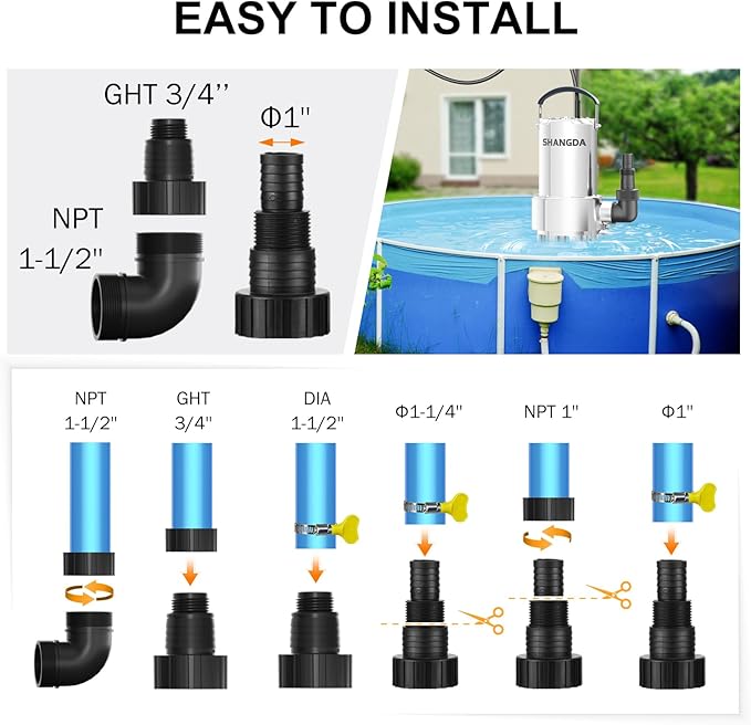 Sump Pump 1HP Submersible Water Pump 4500GPH Stainless Steel Electric Clean/Dirty Water Draining Transfer Pumps with Adapters for Pool Hot Tub Pond
