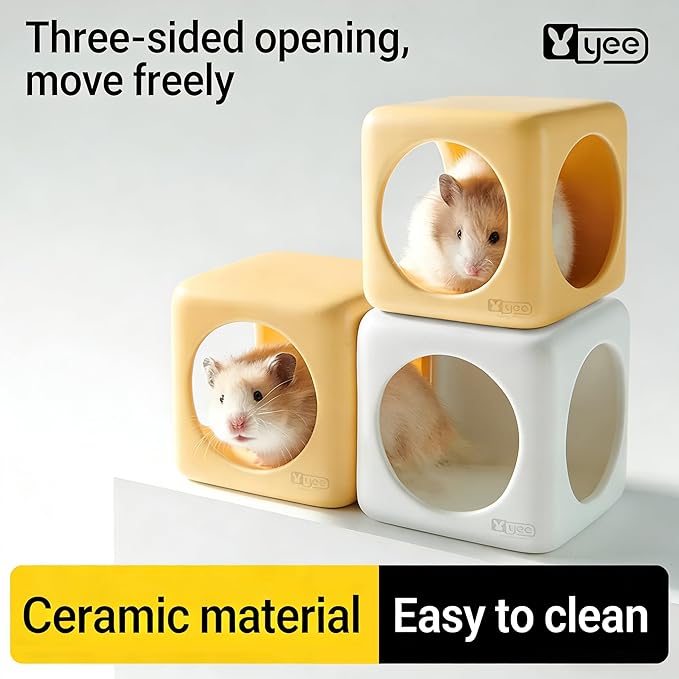 Ceramic Hamster House Cube Set, 4-Inch Stackable Small Animal Hideout Cave for Hamsters Mice Gerbils Dwarf Rabbits – Hard Durable DIY Mix & Match Habitat Hideaway Decor, Yellow