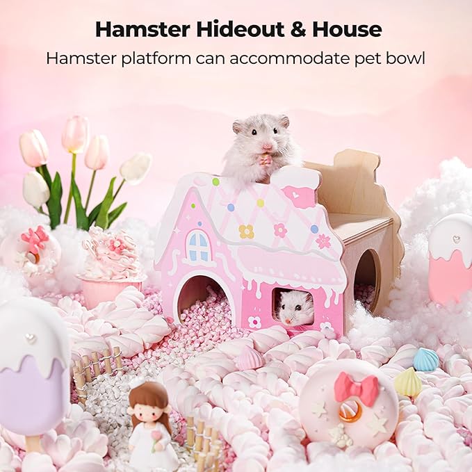 mini&moe Hamster Hideout - Wooden Hamster House Multiple Entrances Small Animal Habitat Cage Accessories & Decor for Syrian Dwarf Gerbils Rat Mouse