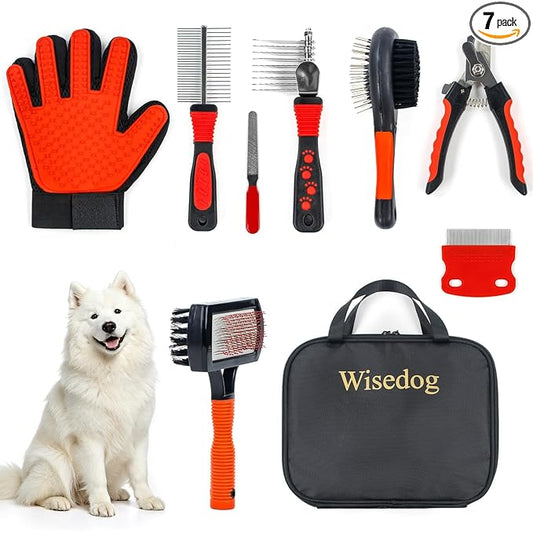 Wisedog Dog Grooming Kit 8PCS - Pin & Bristle Brush, Slicker Brush, Dematting Tool, Nail Clipper, Hair Removal Mitts, Flea Comb for Dogs and Cats (Reddish-black)