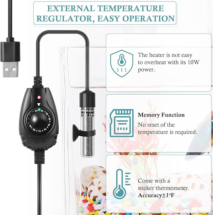 FEDOUR 10W Super Mini USB Aquarium Heater, Small Adjustable Heater with External Controller for up to 2.5 Gallon Small Fish Tank, Nano Fish Tank Heater, Betta Heater for Fish Bowls