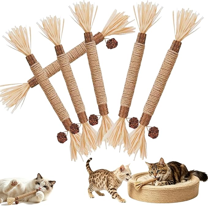 Natural Silvervine Dental Sticks, Silver Vine Sticks Cats with Raffia, Chew Sticks for Cats, Cat Chew Rope for Enrichment Pet Supplies, Calm Cat Boring (6PCS)