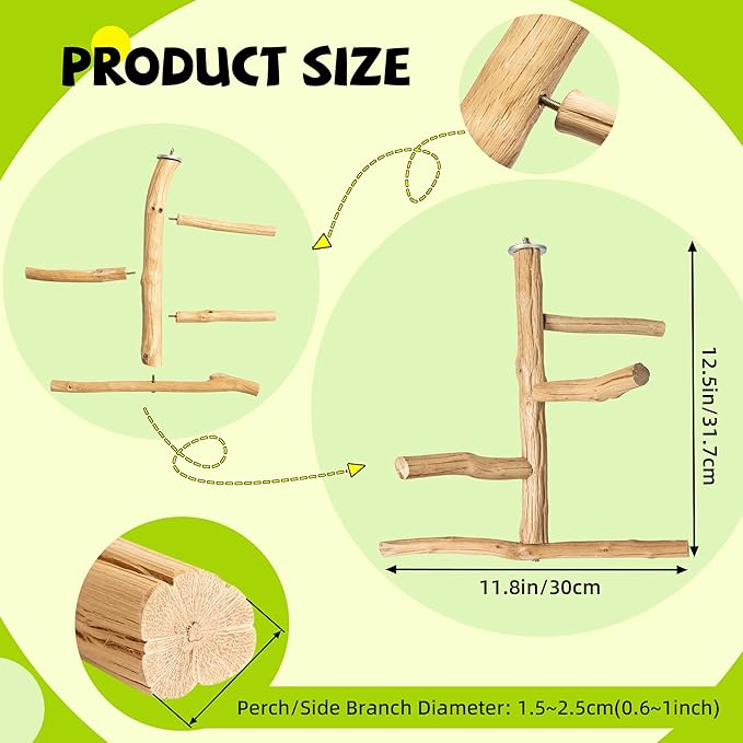 Natural Wood Bird Perch for Top of Cage, Cage Top Perch Play Stand for Parakeets, Cockatiels, Lovebirds and Small Conures, Multi-Level Training Branch for Small Medium Birds