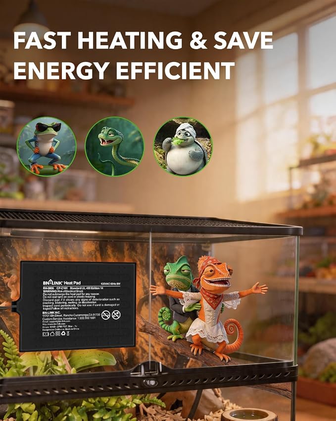 BN-LINK Reptile Heat Pad 8"X12" 16W for 30-40gal Under Tank Terrarium Heating Mat Waterproof for Turtle, Lizard, Frogs, Snake, Hermit Crab