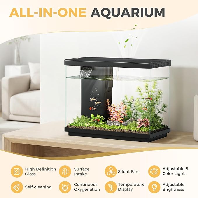 2.2 Gallon Small Fish Tank, Betta Fish Aquariums Black | with 4-in-1 Filter Pump, LED Light, Temperature Display, Fan & Surface Intake Design, for Home Office, Beginner Friendly