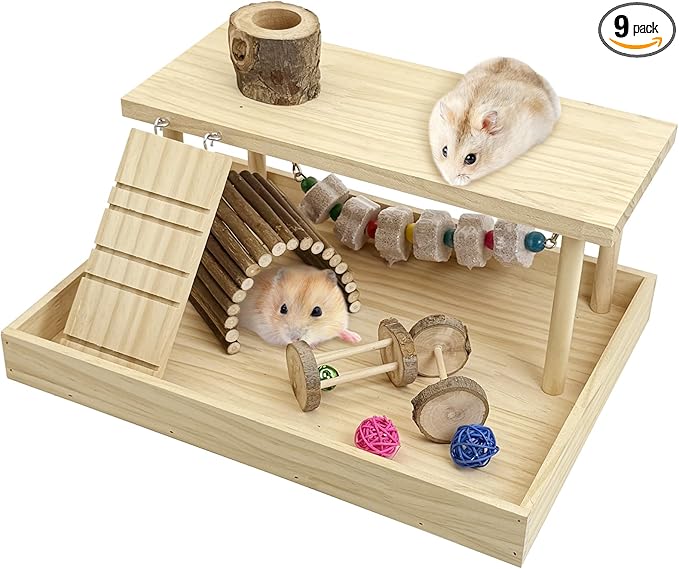 Hamiledyi Dwarf Hamster Activity Playground Mice Living Gym System Set Natural Wood Gerbil Climbing Platform Syrian Exercise Cage Accessories with Lava Stone String Chewing Toy Ladder Bridge Ramp